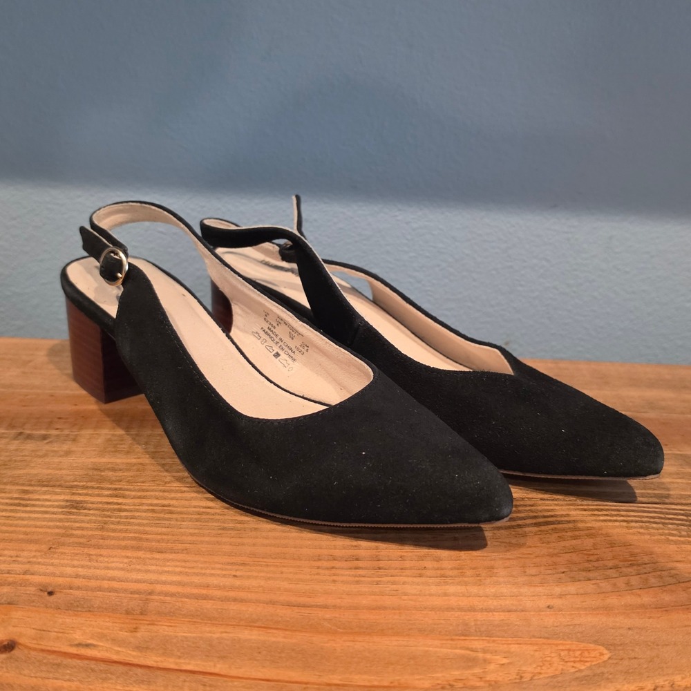 Hush Puppies Womens Sofie Slingback Pump Black Suede Block Heel Pointed Toe 8‎
